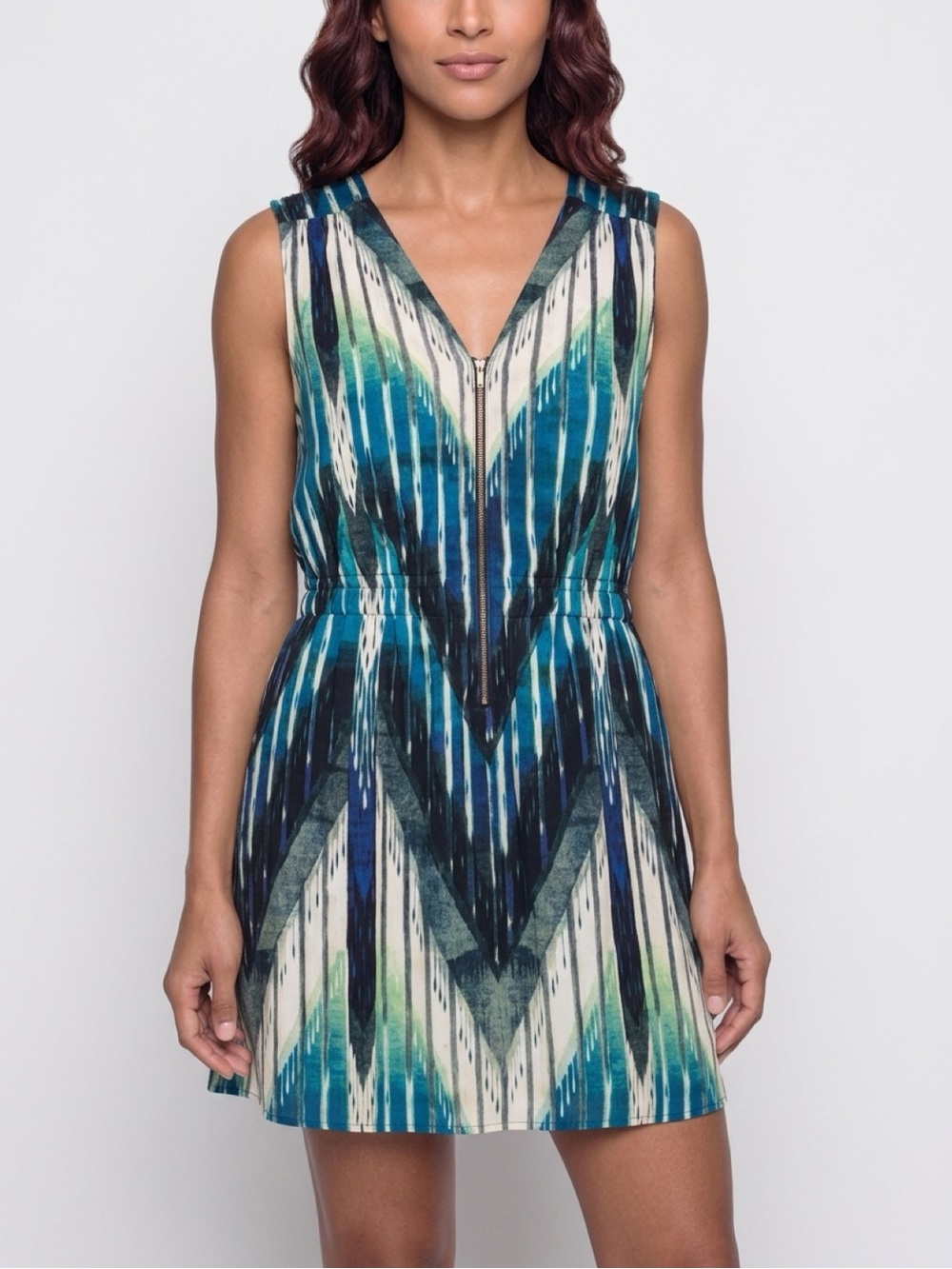 RACHEL Rachel Roy Blue Watercolor Chevron Zip-Front Sleeveless Dress